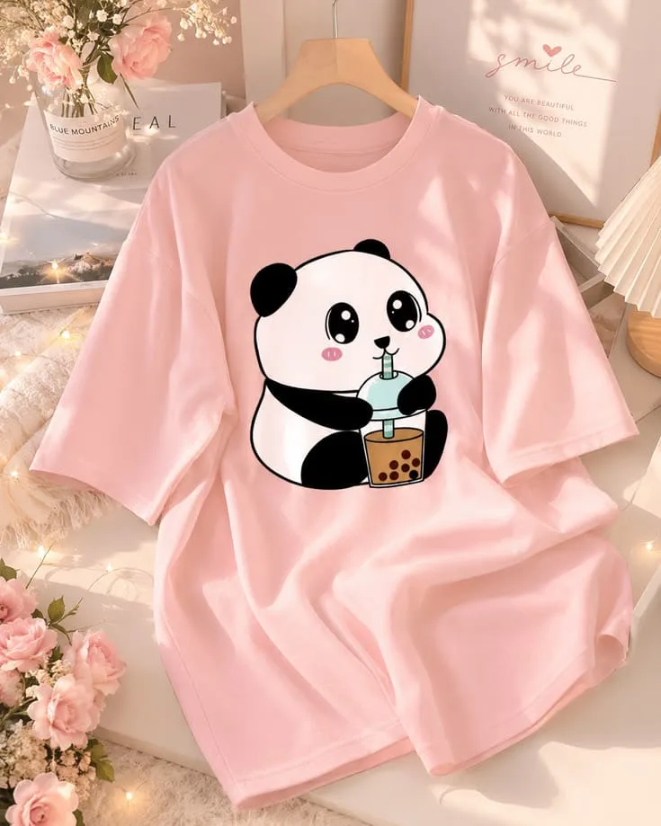 Ladies Premium Panda Drinking Boba Tea Printed T-Shirt